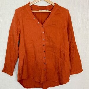 Caffe Marrakesh Womens Burnt Orange Cotton Gauze Button Down Shirt Medium